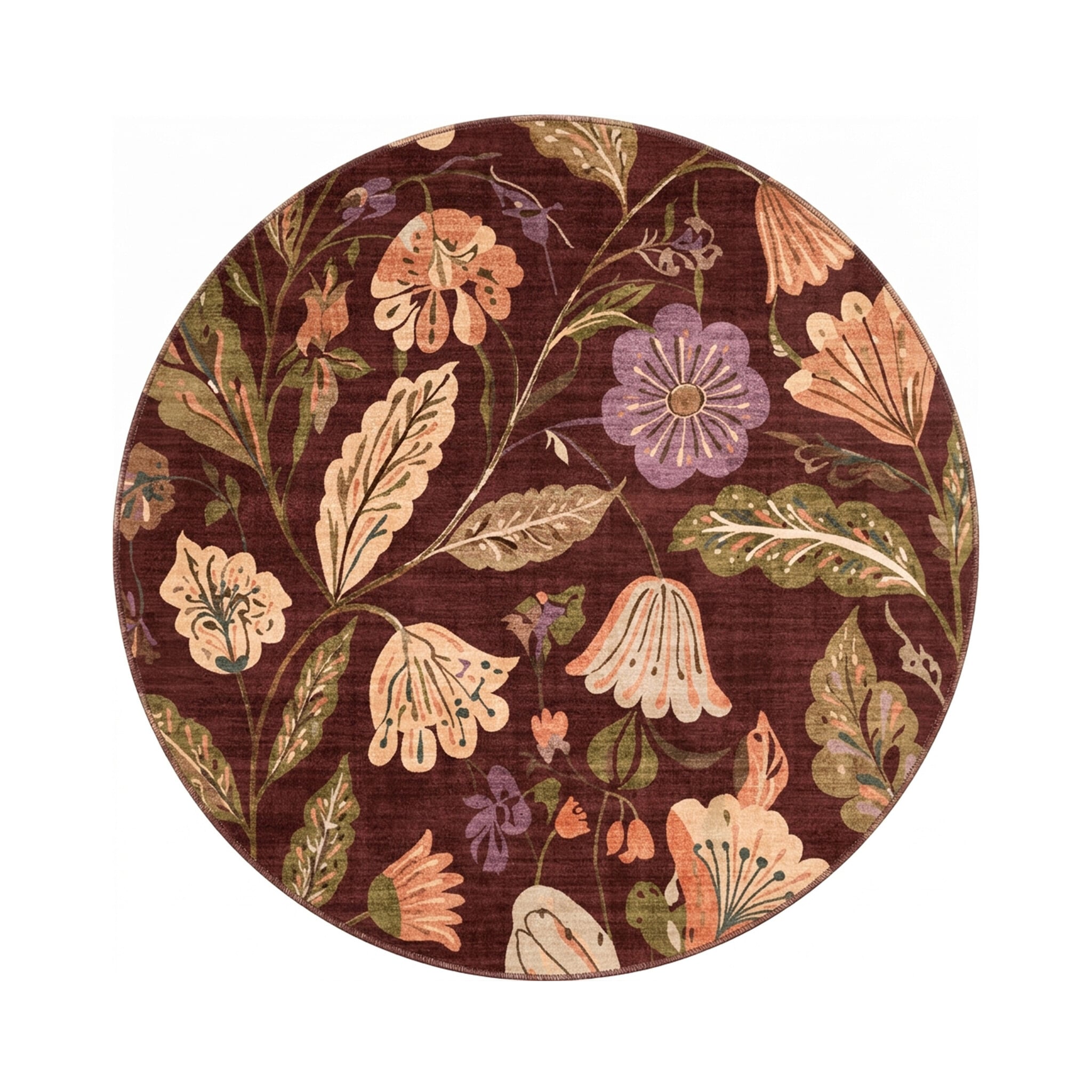 Round washable rug - Misty Flowers Brown