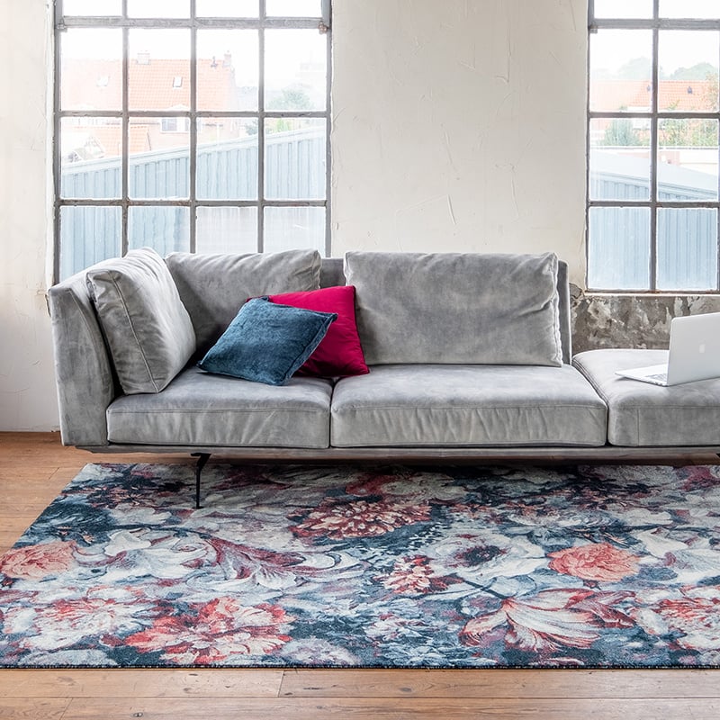 Floral Floor Rug - Flores Blue/Red