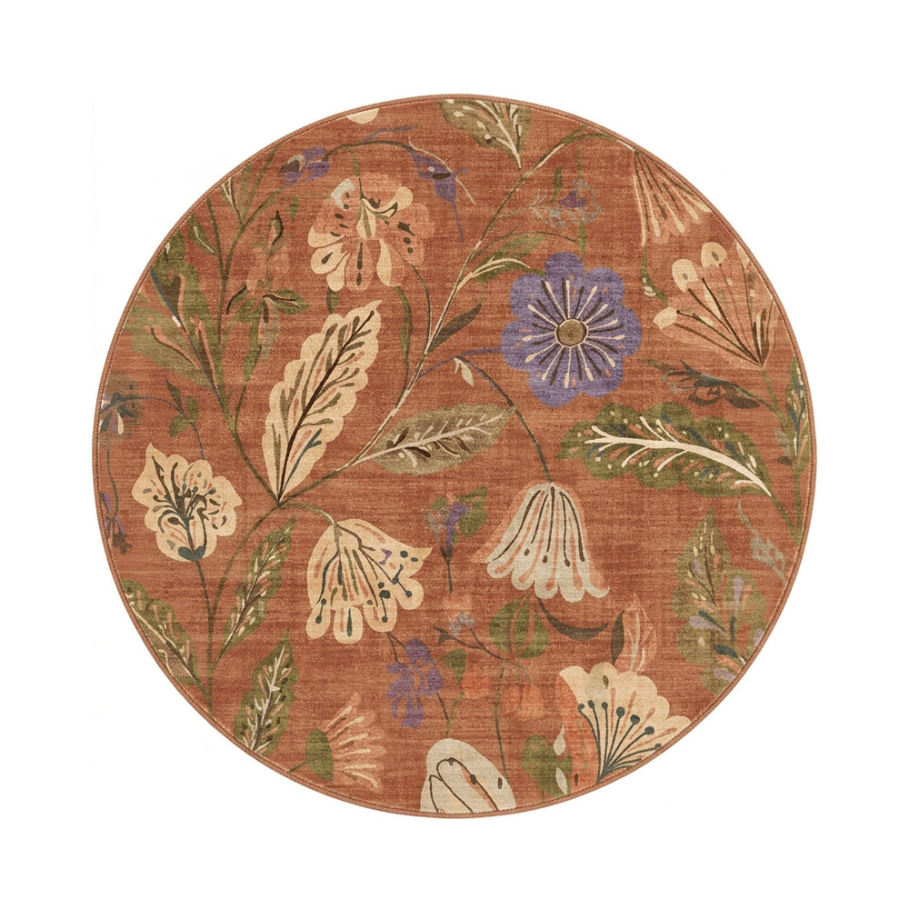 Round washable rug - Misty Flowers Terracotta
