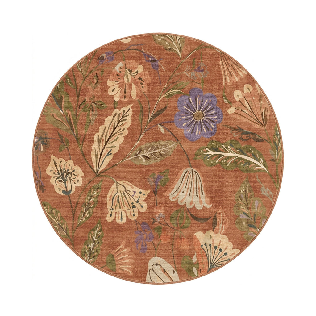 Round washable rug - Misty Flowers Terracotta