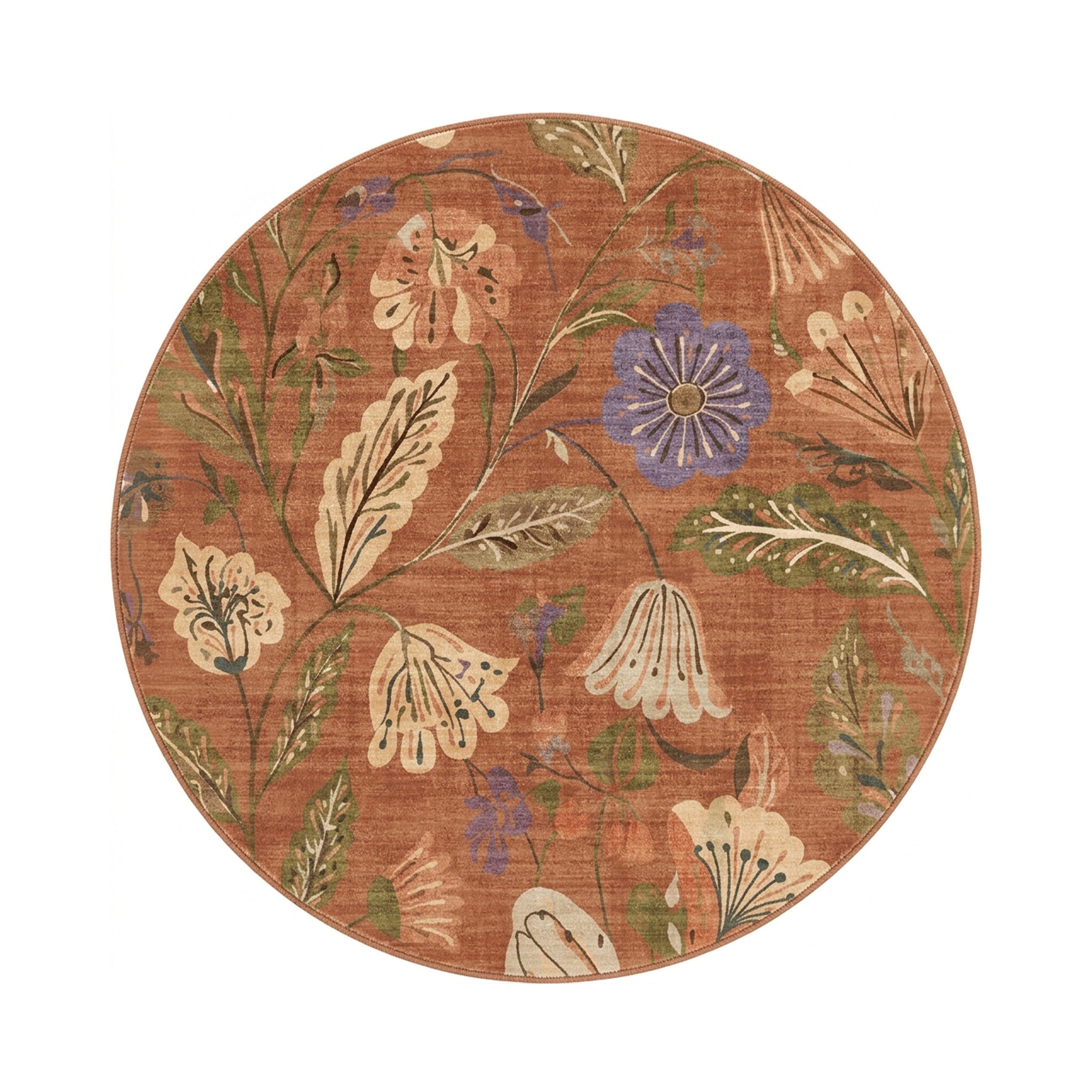 Round washable rug - Misty Flowers Terracotta