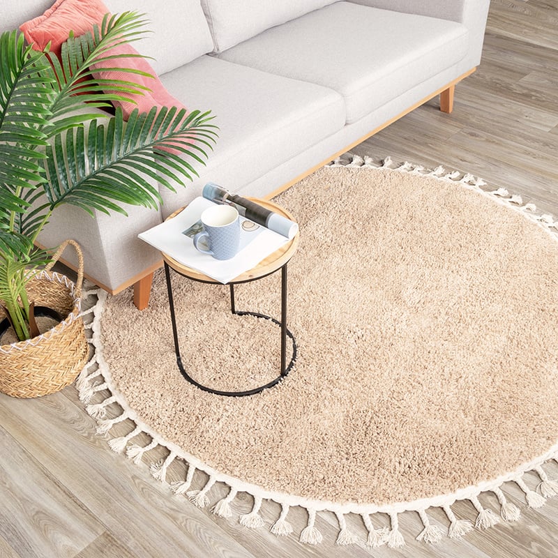 Round High Pile Rug - Lofty Fringe Beige