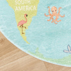 Round Kids Rug - Globe Light Blue