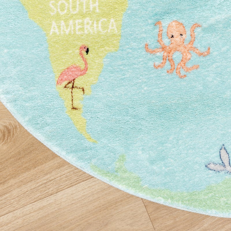 Round Kids Rug - Globe Light Blue
