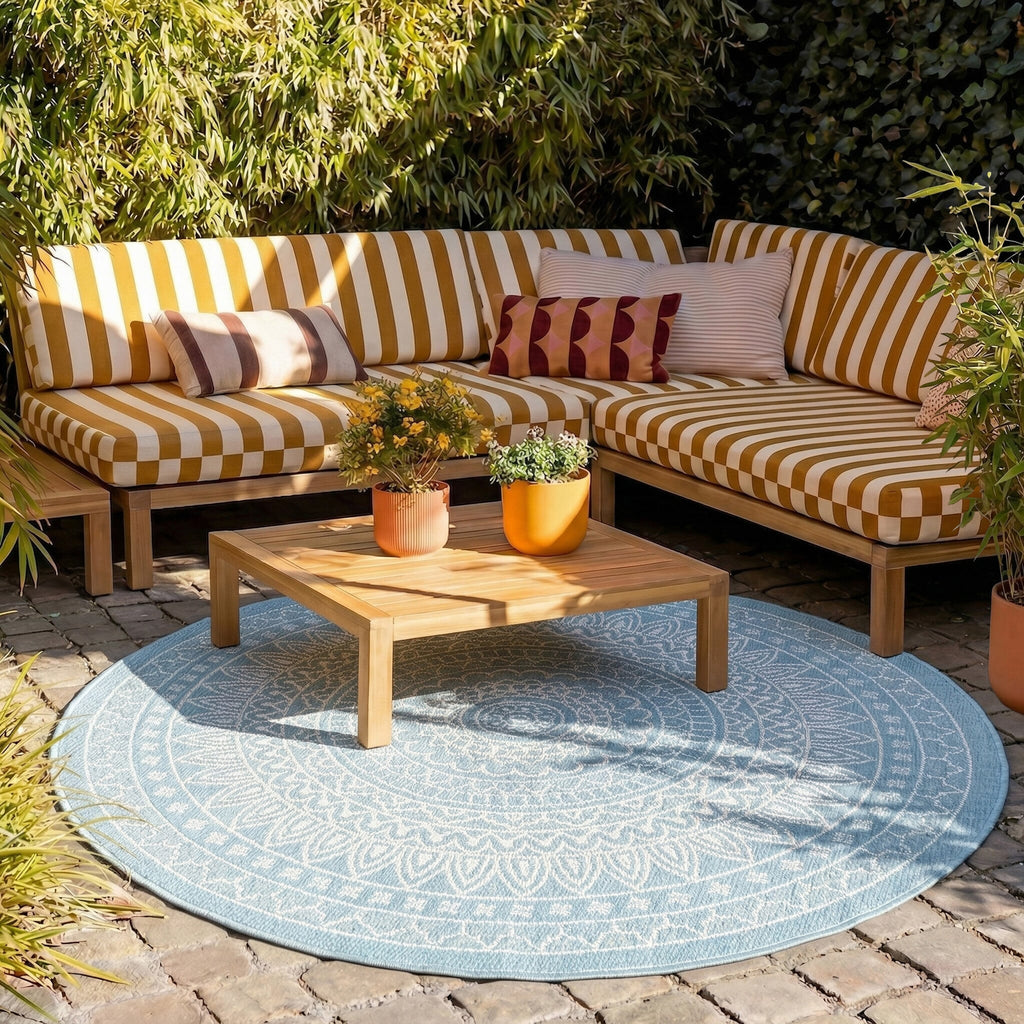 Round Outdoor Rug - Summer Azteca Light Blue