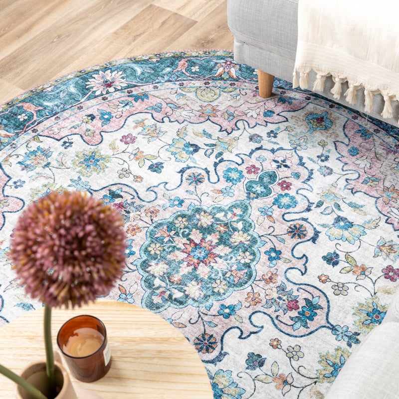 Round Vintage Rug - Lily Oriental Blue/Pink