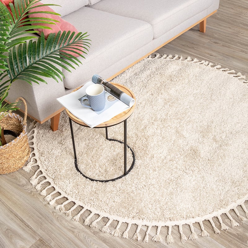 Round High Pile Rug - Lofty Fringe Cream/White