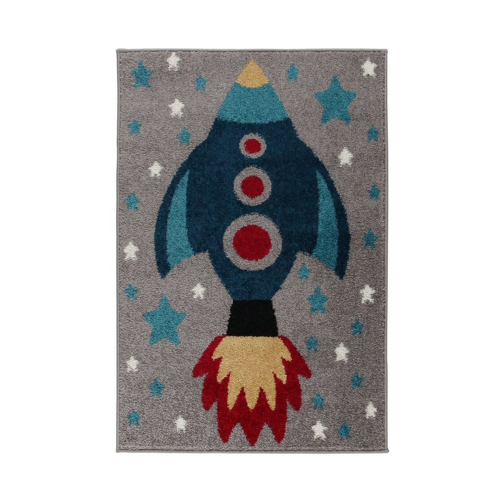 Children's floor rug - Rocco Rocket Grey/Blue