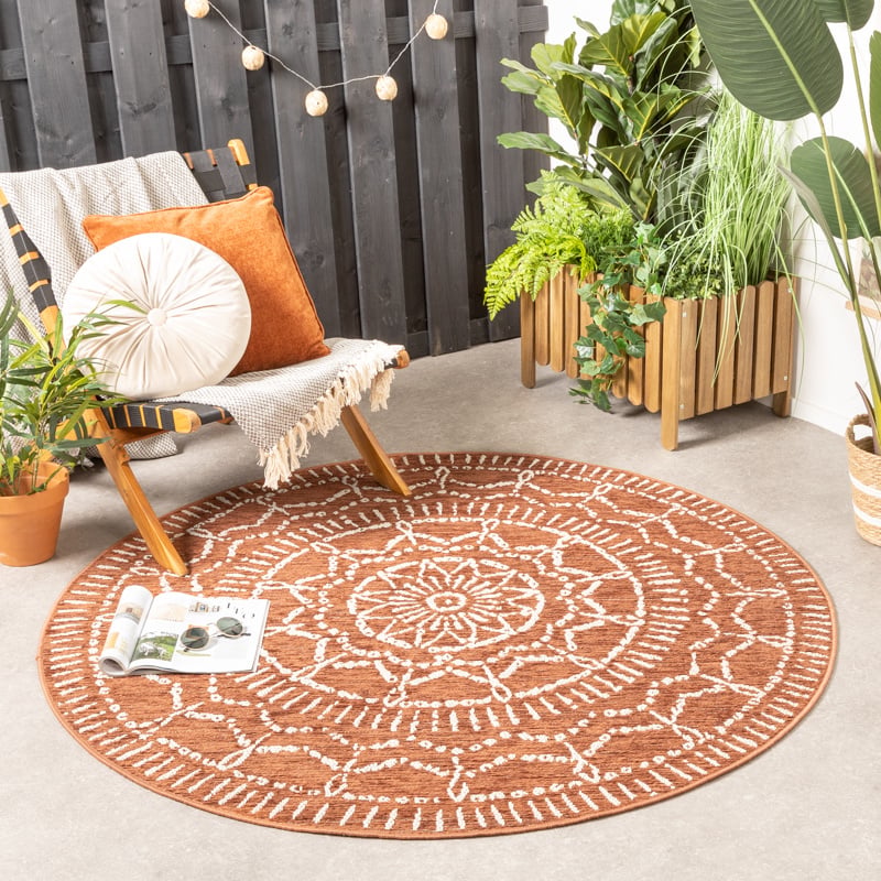 Round Modern Outdoor Rug - Porto Aztec Terracotta