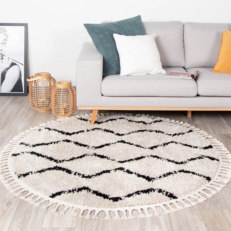 Round High-Pile Rug - Grand Wire Weave Cream/Black