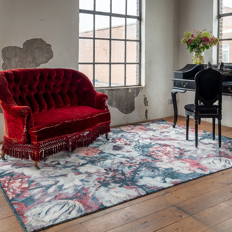 Floral Floor Rug - Flores Blue/Red
