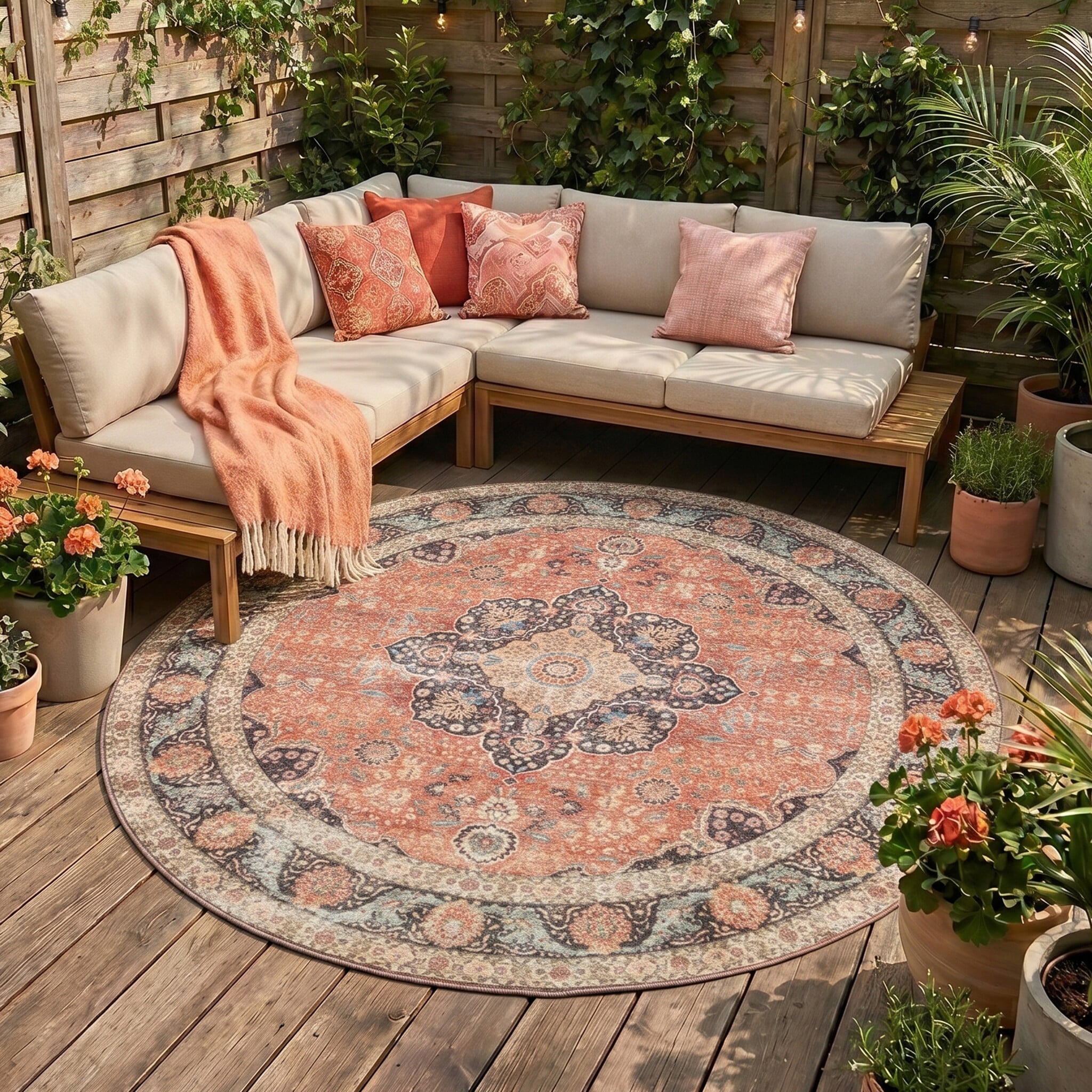 Round Indoor Outdoor Rug - Kairo Medallion Terra/Dark Blue