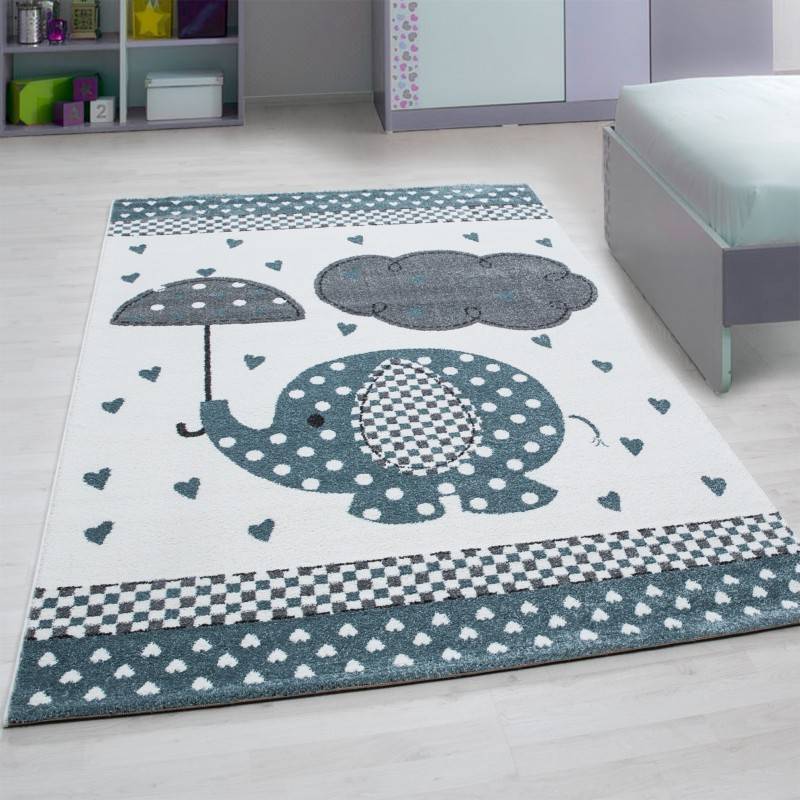 Children's floor rug - Anna Elephant Umbrella Blue
