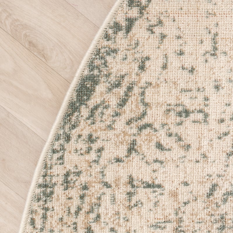 Round Vintage Rug - Spring Ethnic Cream/Green