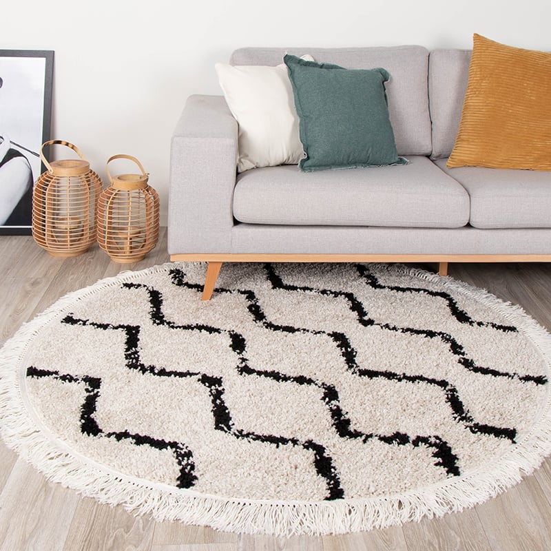 Round High-Pile Rug - Grand Wire Fringe Cream/Black
