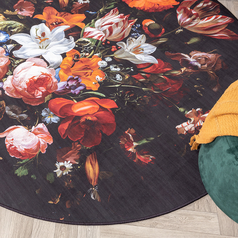 Round Floral Rug - Florine Black/Orange