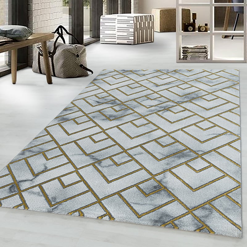 Modern Floor Rug - Marble Pattern Grey/Gold