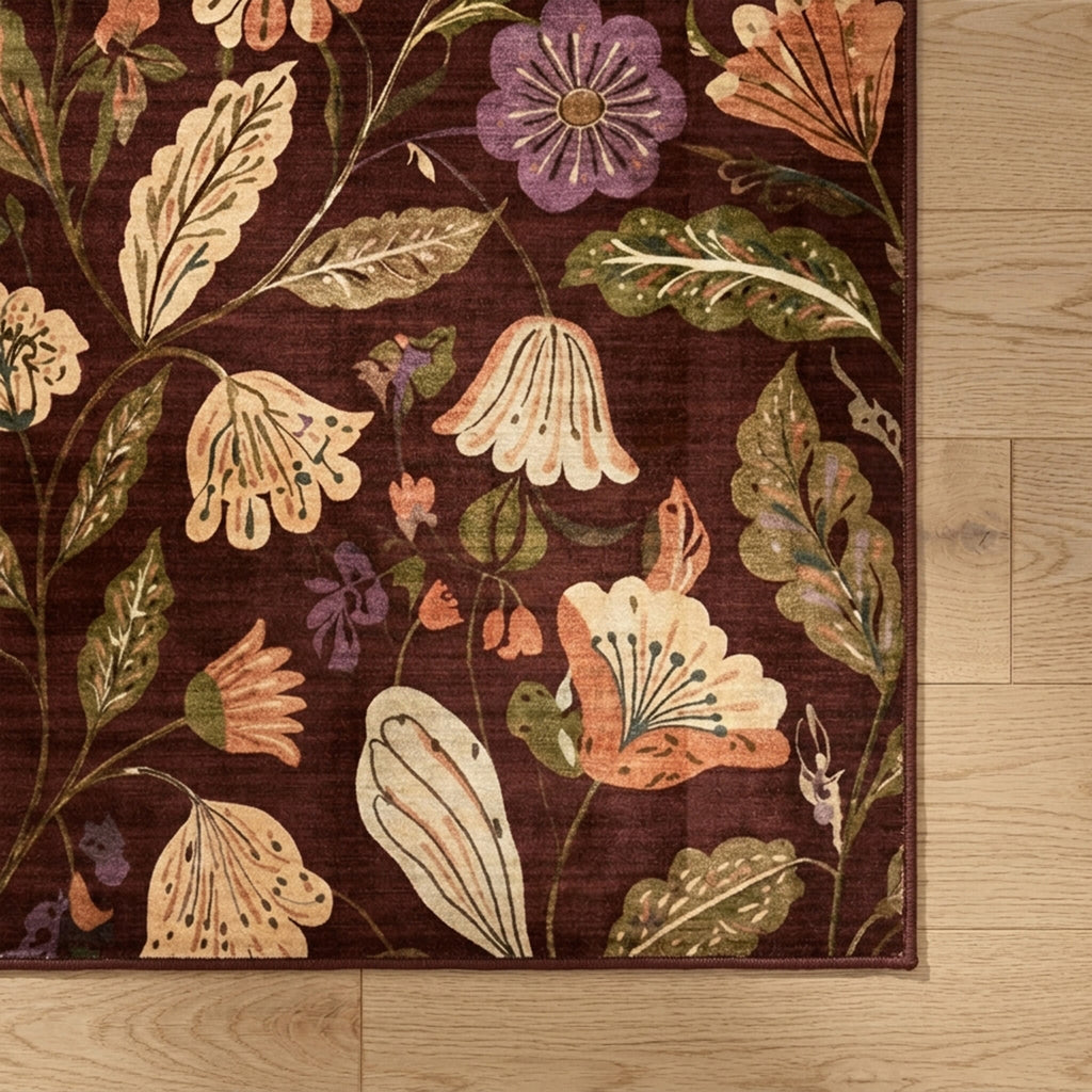Washable rug – Misty Flowers Brown