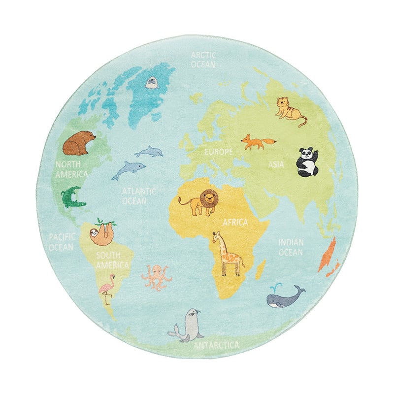 Round Kids Rug - Globe Light Blue