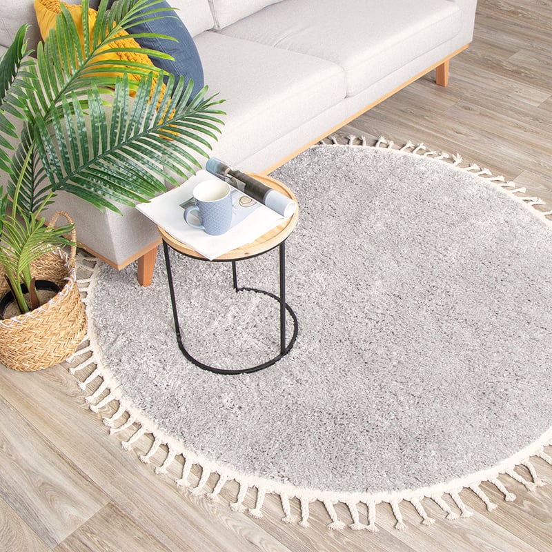 Round High Pile Rug - Lofty Fringe Light Grey