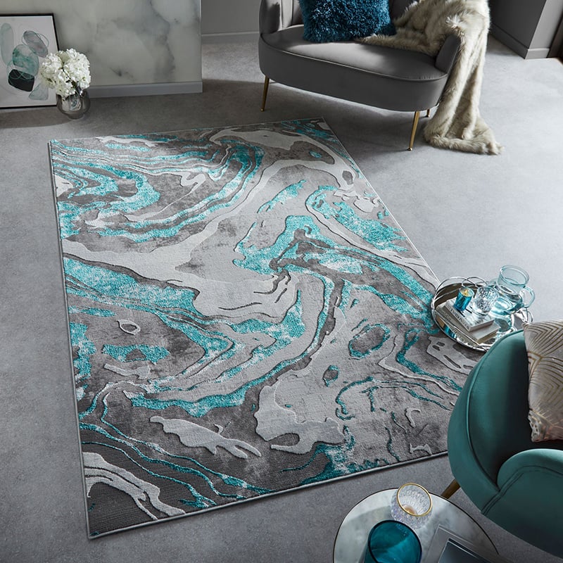 Marble floor rug - Erio Marbled Grey/Turquoise