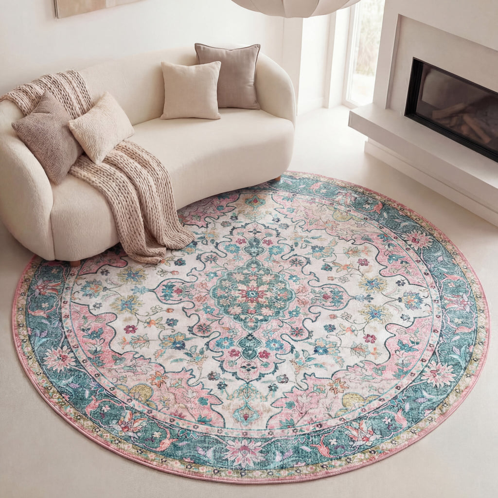 Round Vintage Rug - Lily Oriental Blue/Pink