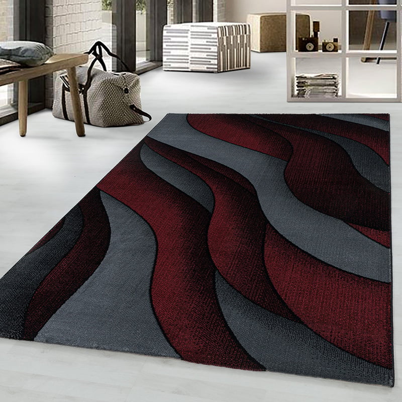 Modern Area Rug - Streaky Waves Red/Black