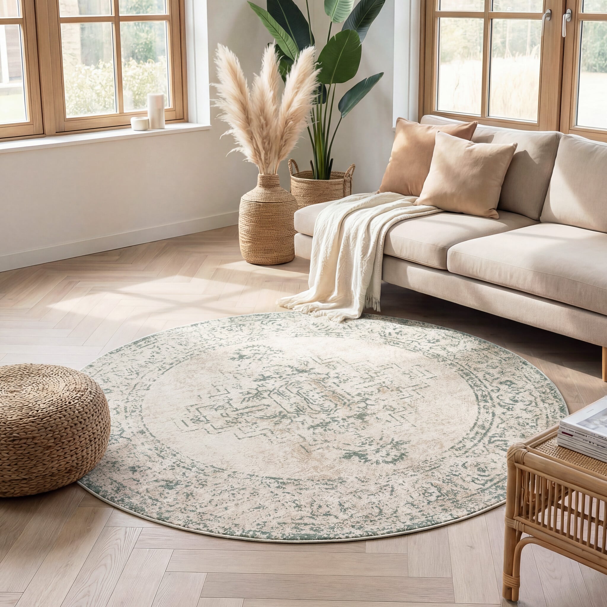 Round Vintage Rug - Spring Ethnic Cream/Green