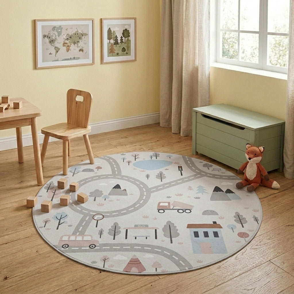 Round Play Rug Car - Rocky Ride White
