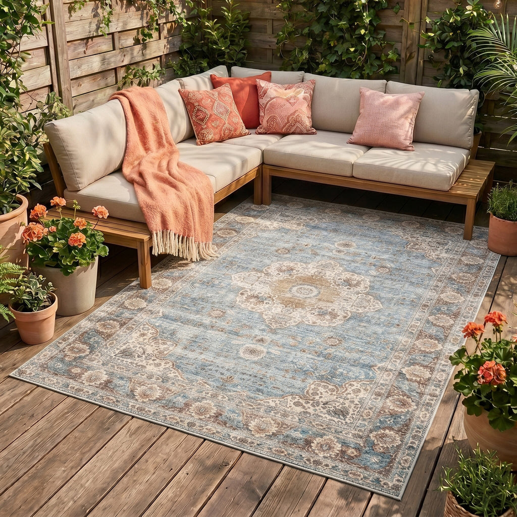 Indoor Outdoor Rug - Kairo Medallion Light Blue/Cream
