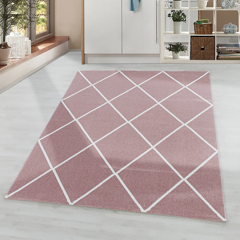 Low pile floor rug - Smoothly Lines Pink/White