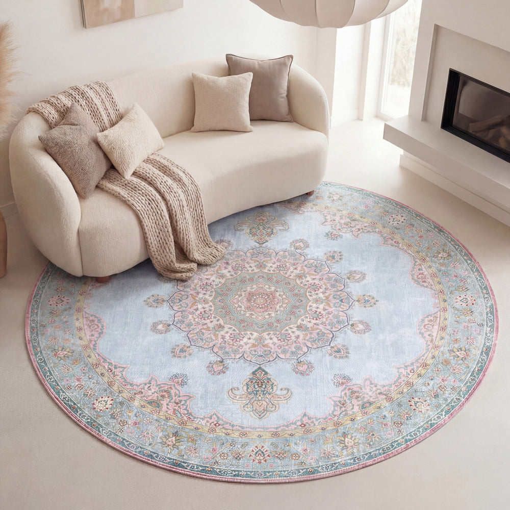 Round Vintage Rug - Lily Medallion Light Blue