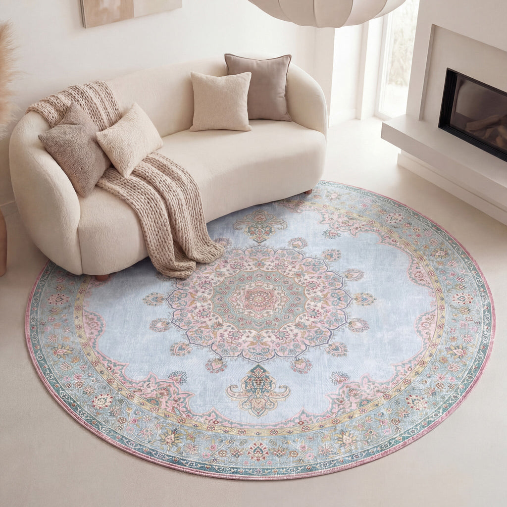 Round Vintage Rug - Lily Medallion Light Blue