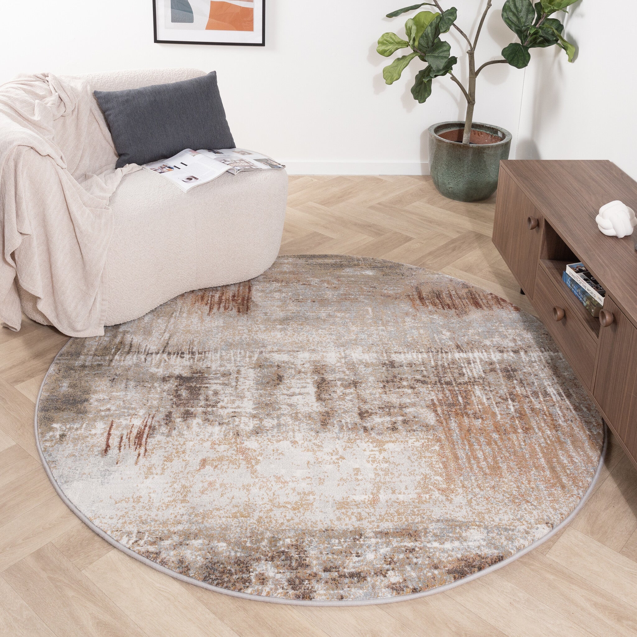 Round Abstract Rug - Xavier Brush Taupe/Red