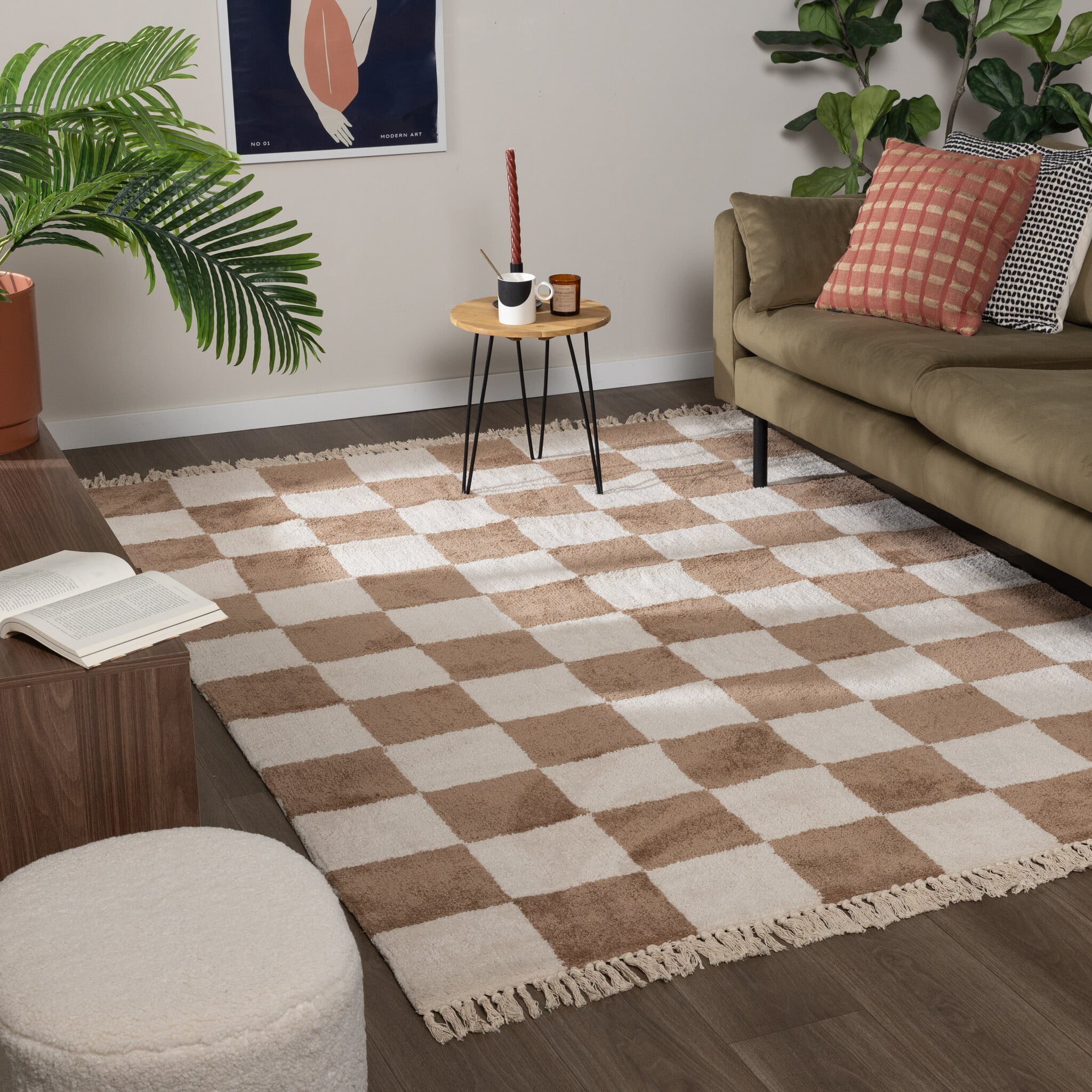 Checkerboard Rug - Blox Fringe Beige