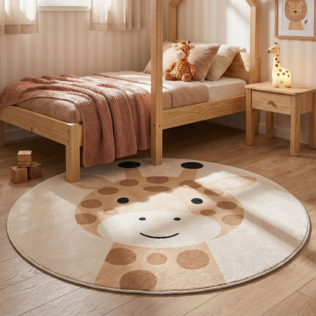 Round Washable Children’s Play Rug – Sammy Giraffe Beige