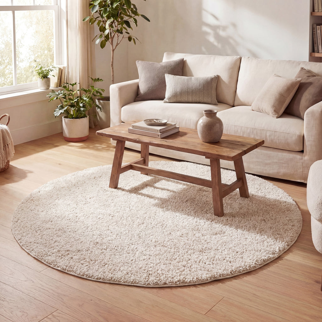 Round High Pile Rug - Lofty Cream/White