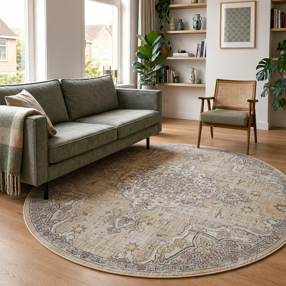 Runder Orientteppich – Leyla Medaillon Taupe