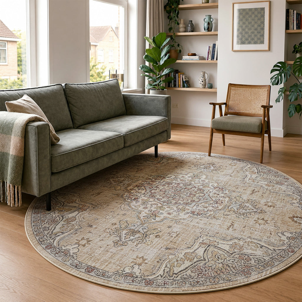 Runder Orientteppich – Leyla Medaillon Taupe