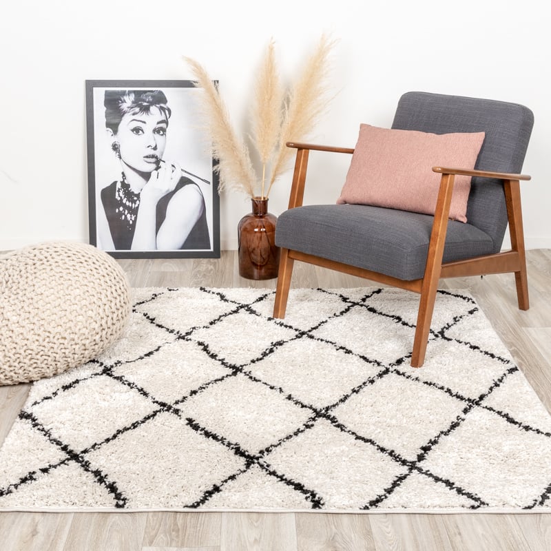 Square High Pile Rug - Grand Lines Cream/Black