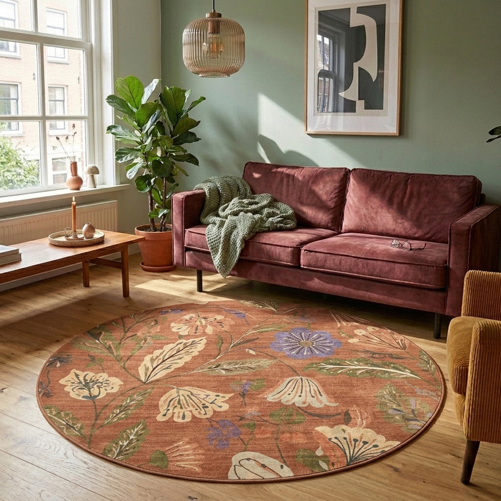 Round washable rug - Misty Flowers Terracotta