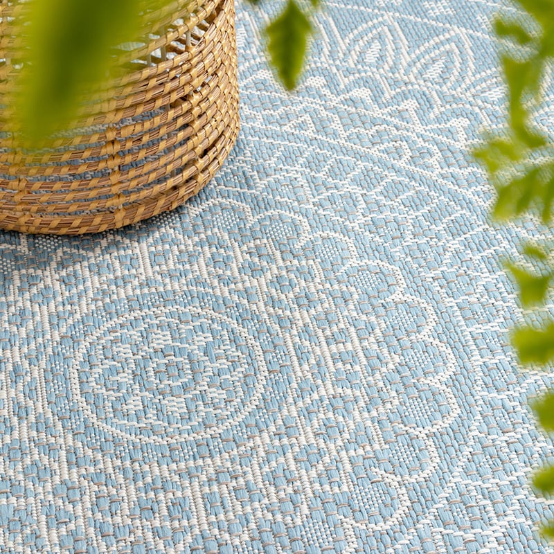 Round Outdoor Rug - Summer Azteca Light Blue