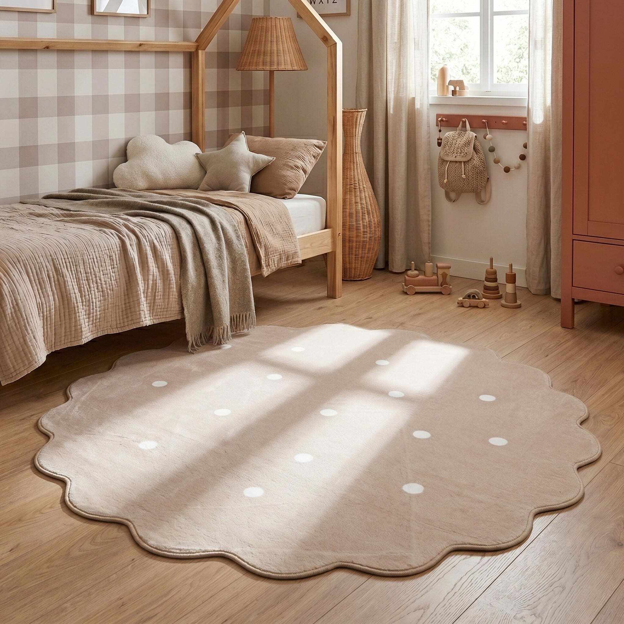 Round Kids Room Rug - Cloudy Dots Beige