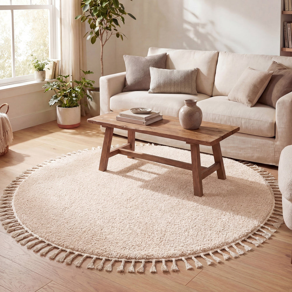 Round High Pile Rug - Lofty Fringe Cream/White