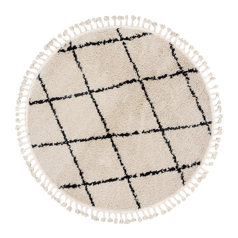 Round High Pile Rug - Grand Lines Weave Cream/Black