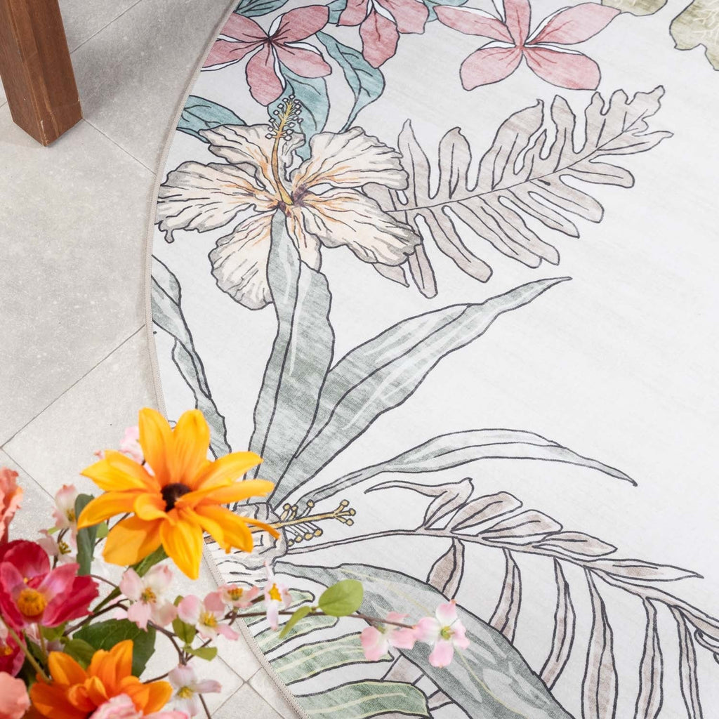 Round outdoor rug flowers - Poppy Cream