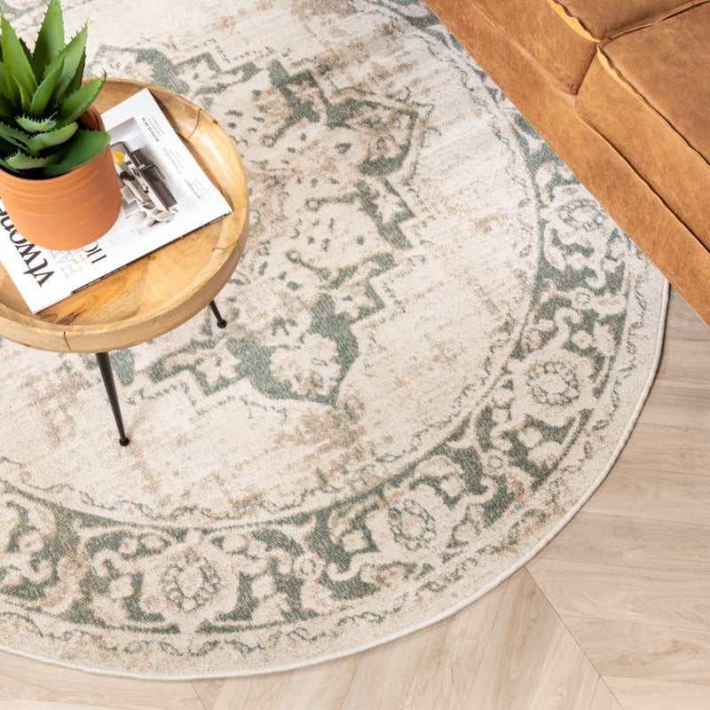 Round Vintage Rug - Spring Medallion Cream/Green