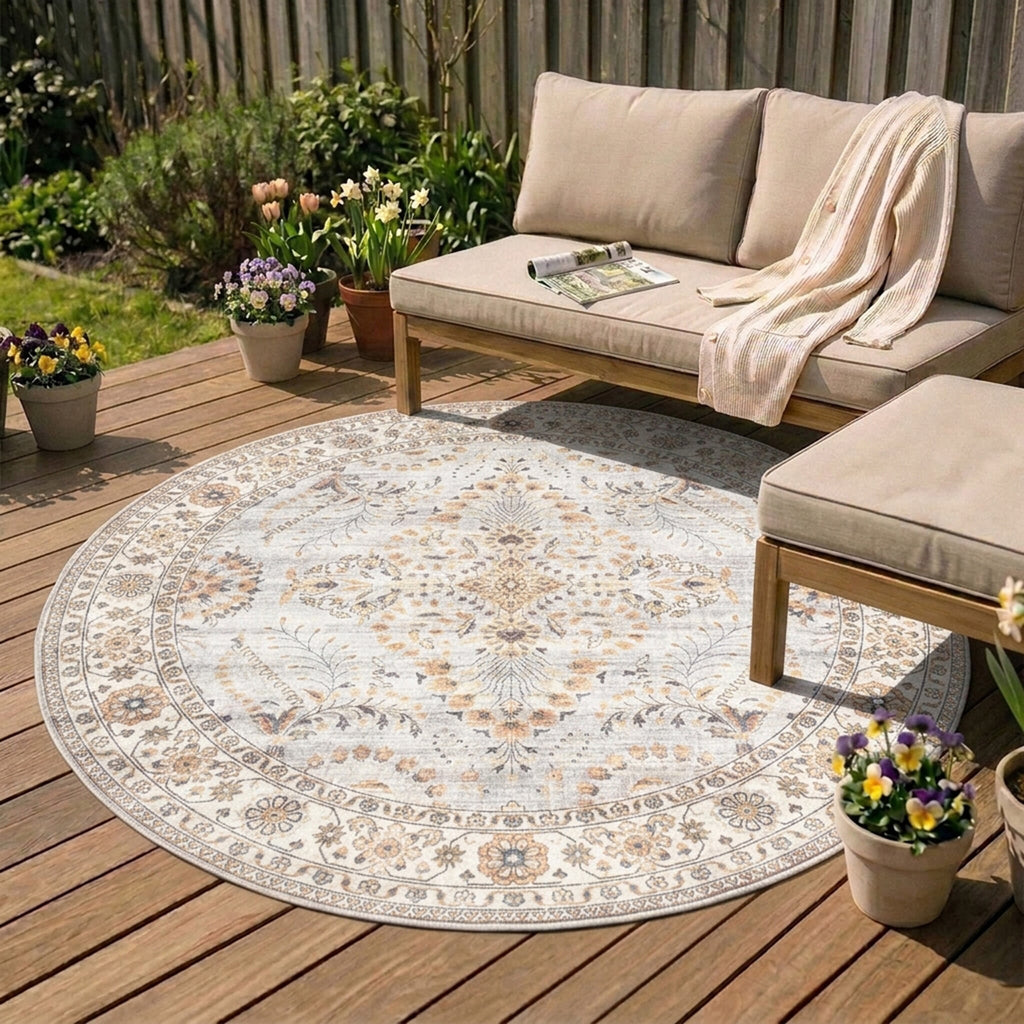 Round Vintage Outdoor Rug - Santo Flora Light Grey