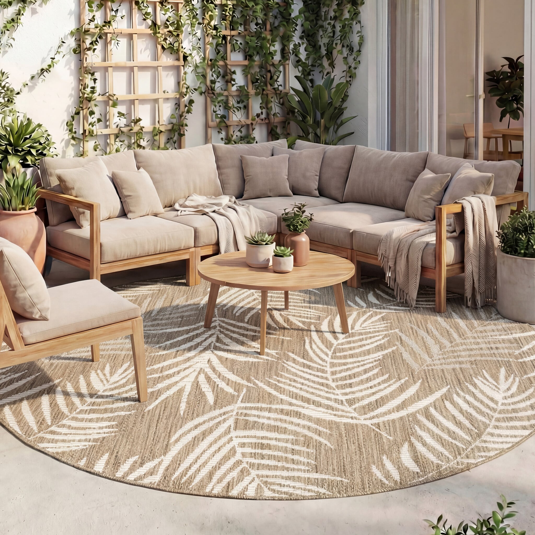 Round Outdoor Rug - Malta Leaves Natural