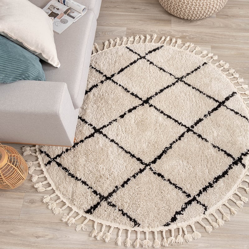 Round High Pile Rug - Grand Lines Weave Cream/Black